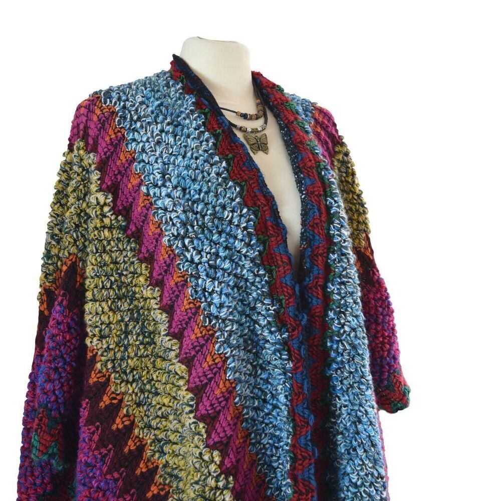 Multi Color Poncho Wrap Festivals Boho Goblincore One Size - Picture 3 of 5